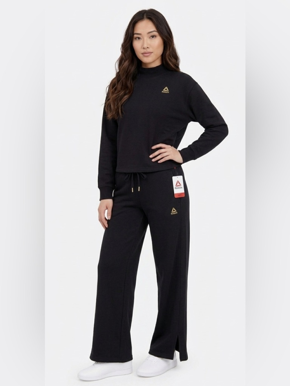 Reebok 2pc Matching Set Black Wide Leg Sweatpants & Mock Neck Sweatshirt XS NWT